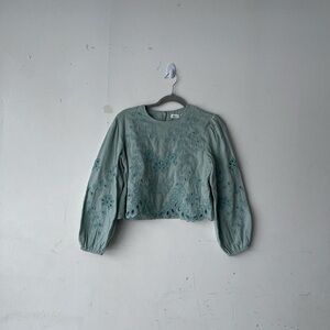 Zara Teal Sage Green Embroidered Floral Puff Sleeve Blouse Size 13-14 Years